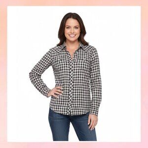 Lucky Brand Western-Style Black & White Plaid Flannel Long Sleeve Shirt- Large